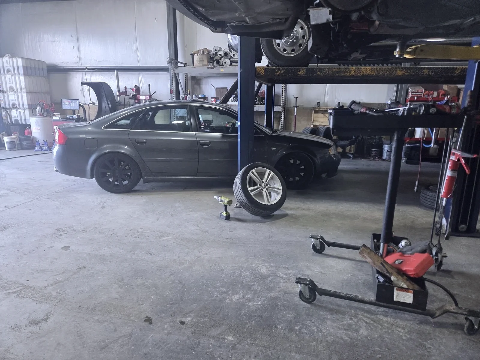 A vehicle being serviced on the lift in Jerome, Idaho
