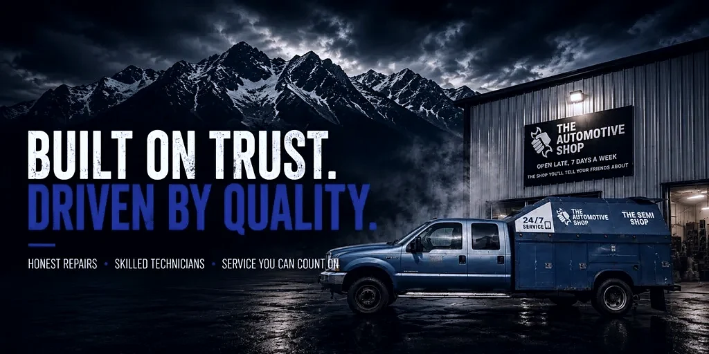 The Automotive Shop service truck in front of the shop — Built on trust, driven by quality. Honest repairs, skilled technicians, service you can count on.