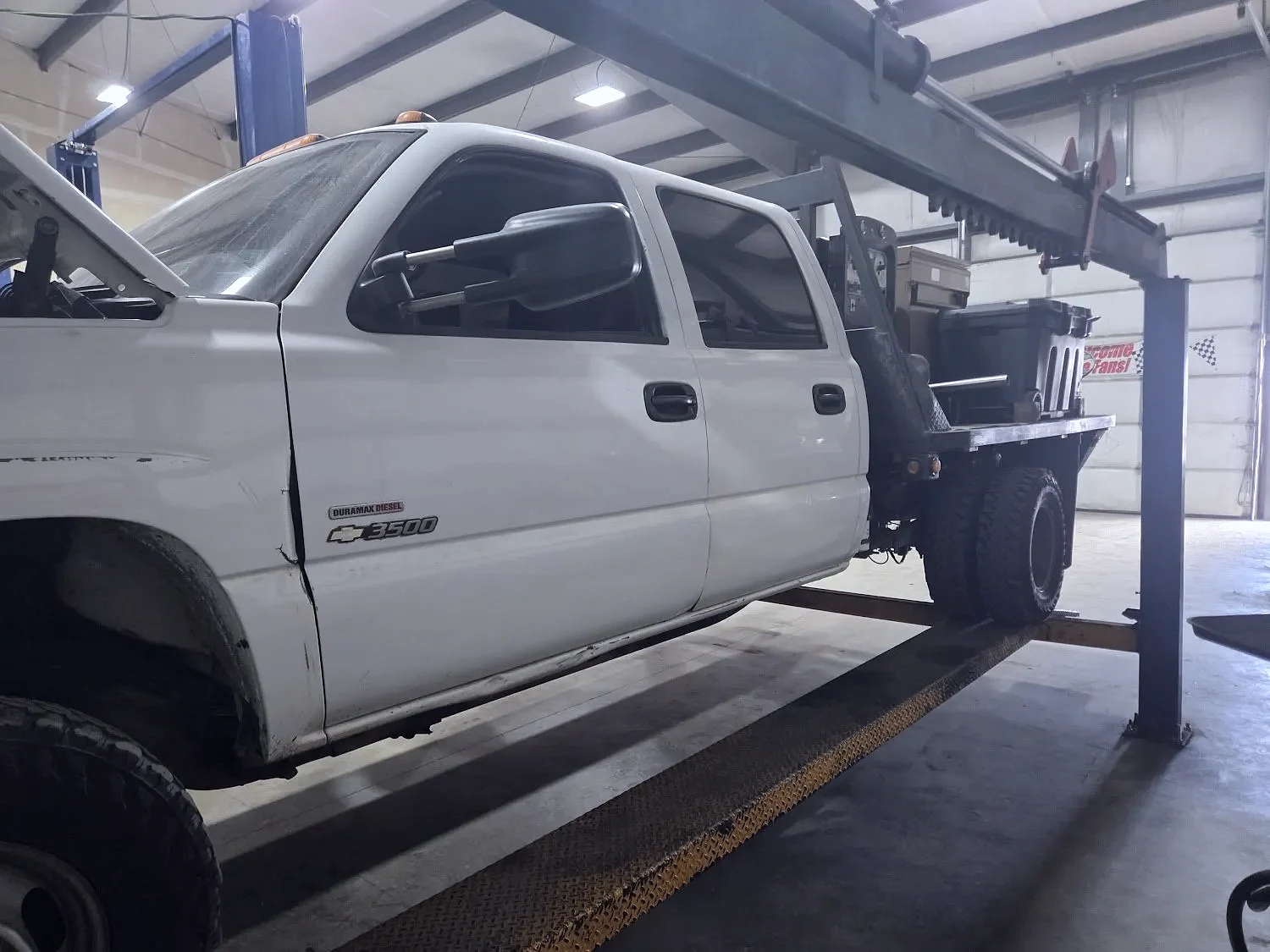 A Chevy 3500 Duramax diesel on the lift in Jerome, Idaho
